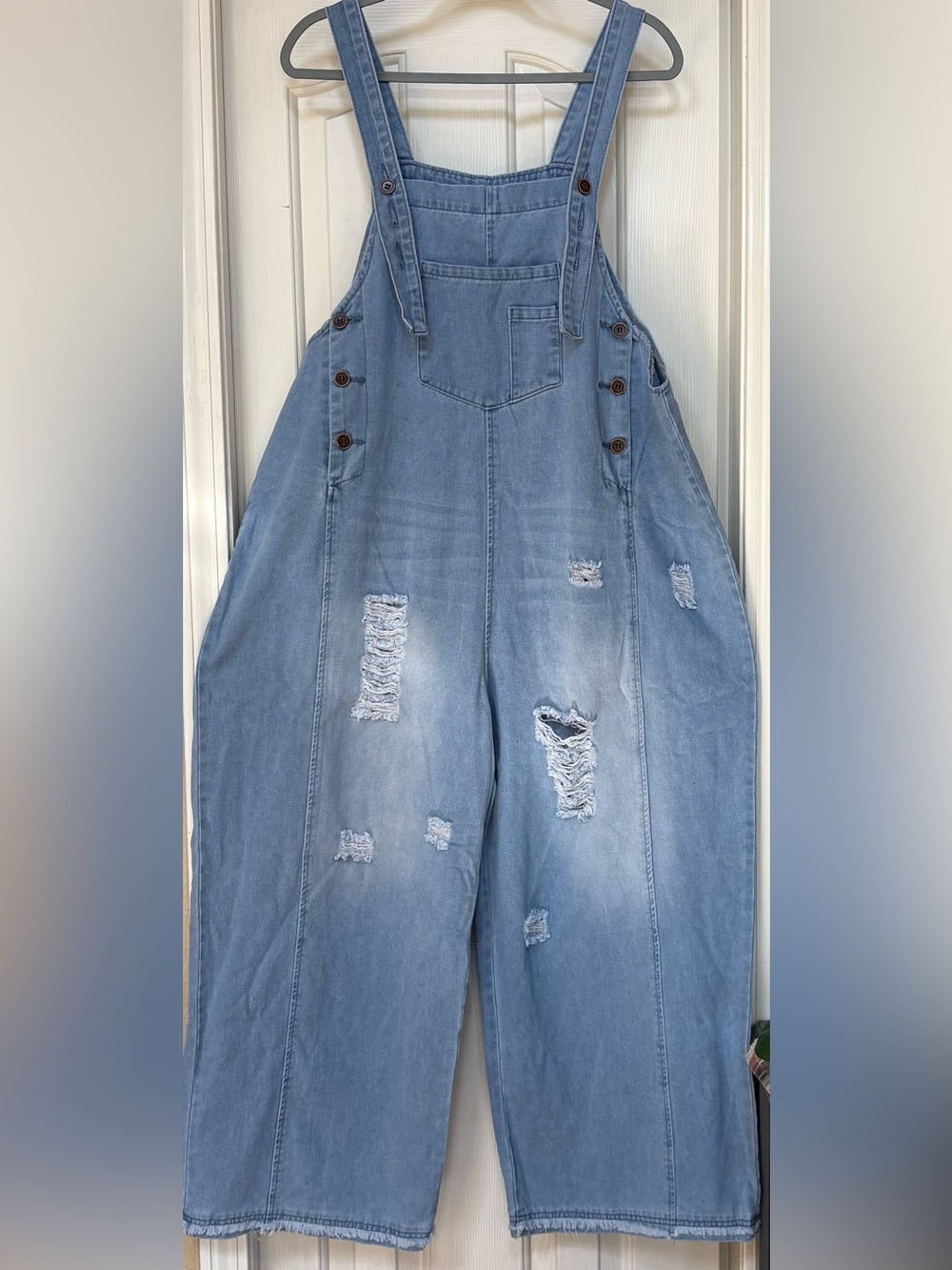Light Blue Distressed Denim cropped Overalls Jumpsuit